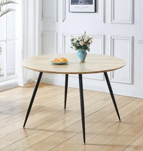Image of Hallowood Furniture Cullompton Large Round Dining Table, 120cm Stylish Oak-Effect Top Round Kitchen Table with Black Metal Legs, Ideal for Modern 4-6 Seater Dining Spaces