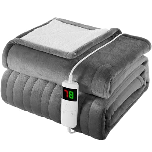 Image of Homemate Heated Blanket Electric Throw - 150x200cm, 1/2/4/6/8 Hours Auto-Off 10 Heat Level Digital Control, Over-Heat Protection Flannel Sherpa Washable Blanket Grey