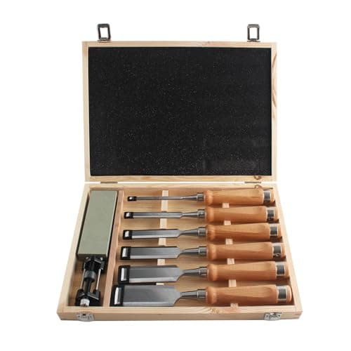 Image of HODYANN 8 Pieces Wood Chisel Tool Sets, 11.4in Woodworking Carving Chisel Kit with Honing Guide, Sharpening Stone and Wooden Case