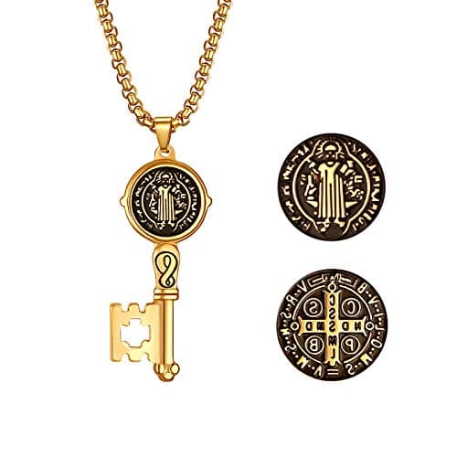 Image of JewelryWe Mens Key Pendant Necklace,Vintage St. Benedict Exorcism Stainless Steel Necklace with 22 Inch Chain(Gold)