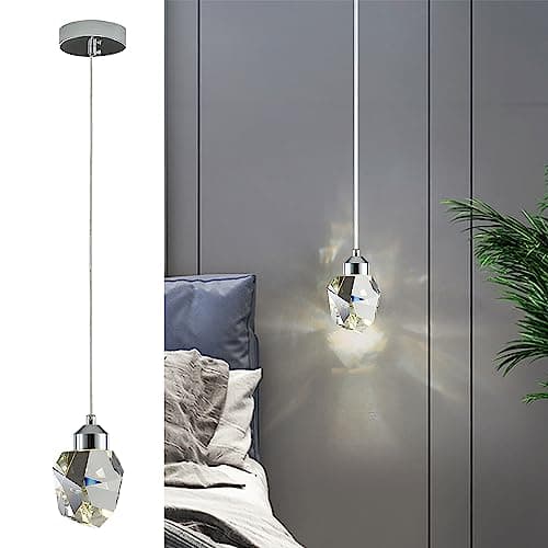 Image of Sxtiger Modern Crystal Pendant Light, 3-Color LED Crystal Pendant Light, Adjustable Height Chrome Silver Ceiling Hanging Pendant Lamp, for Kitchen Island Bedroom Dining Room (Silver)