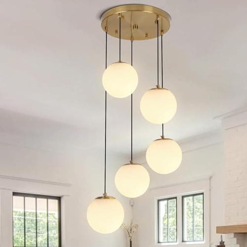 Image of LYSDjia 5-Lights Cluster Globe Glass Chandelier Mid Century Brushed Gold Hanging Lamp with Milk White Glass Modern Cluster Pendant Light for Staircase Dining Room Living Room Adjustable Height