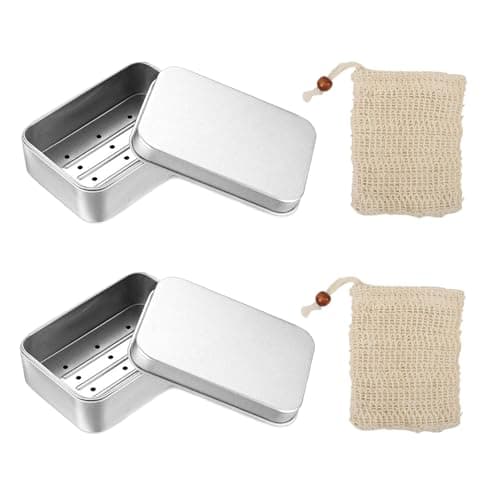 Image of 2 Pcs Aluminum Soap Dishes, Rectangular Metal Soap Storage Case, Travel Soap Case with Drainage Grid and Sisal Soap Bag for Bathroom Traveling Camping