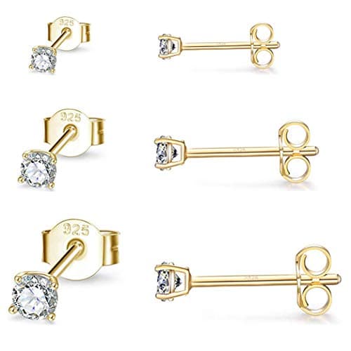 Image of Gulicx 3 Pairs Silver 14K Gold Stud Earrings Set for Women Girls, Hypoallergenic 925 Stering Silver Round Cubic Zirconia Simulated Diamond Stud Earrings, Small Sleeper Cartilage Studs,Size:2,3,4mm