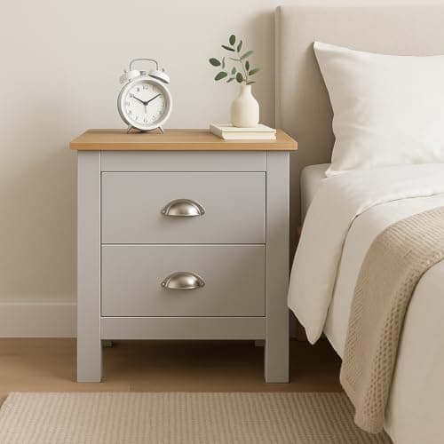 Image of Home Treats Grey & Pine 2 Drawer Bedside Table | Modern Wooden Nightstand With Pine Top, Bedroom Storage Cabinet for Lamp, Books & Essentials (Grey, Side Table)