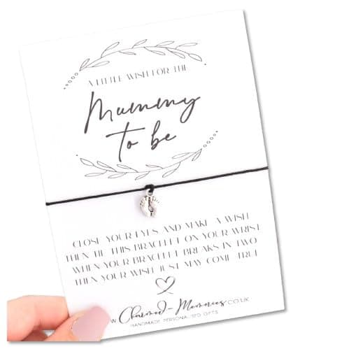 Image of Mummy To Be Wish Bracelet. Pregnancy Congratulations. New Baby Shower Card. Tibetan Baby Feet Charm. Wish String Cord Bracelet. Modern Greeting Card