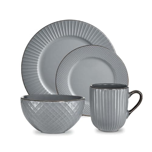 Image of Tower Empire 16 Piece Dinnerware Set, Stoneware, Grey & Brass, T867002GRY