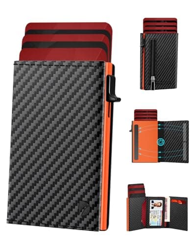 Image of Mens Wallets Credit Card Holder | Wallets for Men with Magnetic Closure & Coin Pocket & ID Window | Minimalist Smart Pop Up Leather Wallet | RFID Card Cases for 12 Cards | Cash Slot | Black & Orange