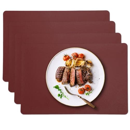 Image of marysgift PVC Heat Resistant Placemats Set of 4 Waterproof Wipeable Floor Place Mats Non-Slip Easy Clean Table Mats for Kitchen Table Decor Placemat Set of 4 30 x 45 cm Red Place Mat, Burgundy
