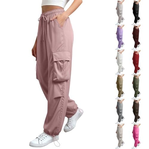 Image of Cargo Trousers Women Elasticated High Waisted Work Combat Pants Cuffed Outdoor Walking Hiking Trouser Multi-Pockets Casual Sweatpants Loose Fit Lightweight Joggers Ladies Track Bottoms Pink
