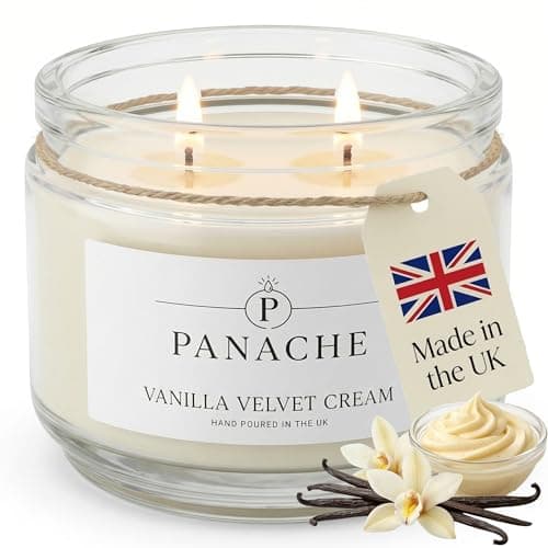 Image of Panache Vanilla Velvet Cream Scented Candle – Double Wick Soy Wax Candle, 48 Hour Burn Time, Hand Poured in UK, Clean Burning Cotton Wicks, Luxury Glass Jar Candle for Home Fragrance & Gifts (320g)