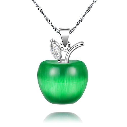 Image of Uloveido Teachers Apple Necklace Candy Color Silver Color Created Moonstone Apple Pendant Necklace Gifts for Women Teacher YL007 (Dark Green)