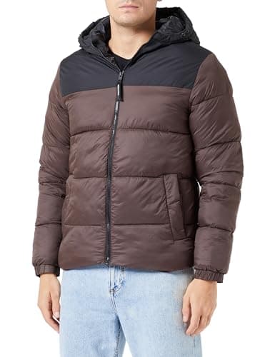 Image of Bestseller A/S Men's JJETOBY Buffer Hood SN Puffer Jacket, Seal Brown/Detail: Black Blocking, M, Seal brown/detail: black blocking, M