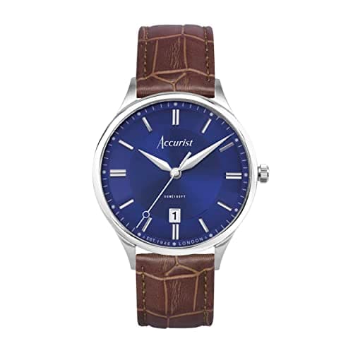 Image of Accurist Mens Classic 37mm Quartz Watch in Blue with Analogue Display, and Brown Leather Strap 73005