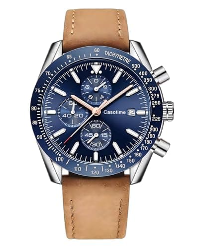 Image of Casotime Men's Leather Chronograph Watch 30M Waterproof Big Face Analog Quartz Date Display, Work Sport Casual Classic Designer Fashion Dress Watch with Leather Band, Elegant Gift for Men