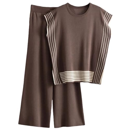 Image of Veriliss Two Piece Outfits for Women Co Ord Sets Knited Sweater Set Tracksuit Pullover Tops Elastic Waisted Pants Lounge Wear(Stripe-Brown,S)
