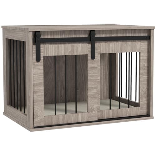 Image of PawHut Dog Crate Furniture, Large Dog Cage with Barn Door for Medium Breeds, End Side Table Pet Kennel with Removable Cushion for Indoor Use, 80 x 54 x 57cm, Walnut Brown