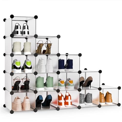 Image of HOMIDEC Shoe Rack, DIY Wardrobe 16 Cube Closet Organizer, Storage Bookshelves Bookcase, Interlocking Shelving Unit, Home Solutions Unit for Clothes Books Toys-Transparent
