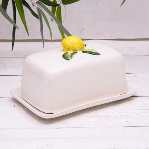 Image of White Ceramic Butter Storage Dish with Mediterranean Lemon Lid
