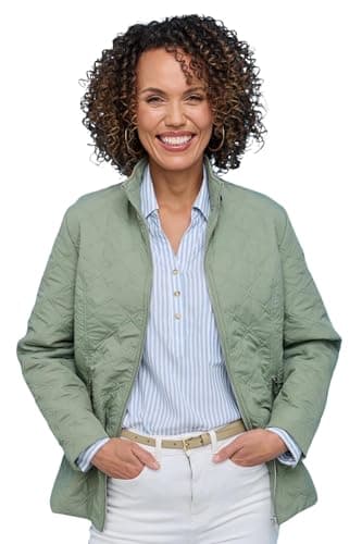 Image of Amber Ladies Mock Quilt Showerproof Zip Jacket with Concealed Hood, Lightweight Diamond‑Effect Quilted Coat in Blue or Soft Green, Sizes 10–20 Soft Green 12