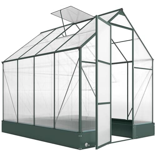 Image of Outsunny 6x8 FT Polycarbonate Greenhouse with Base and Raised Bed, Walk-in Greenhouse with Aluminium Frame, Temperature Controlled Window, Foundation for Plants, Flowers, Vegetable