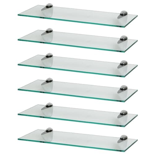 Image of Harbour Housewares Floating Glass Wall Shelves - 50cm - Pack of 6 - Shelving Storage Vanity Display Shelf Unit with Silver Brackets for Bathroom, Shower, Kitchen, Living Room