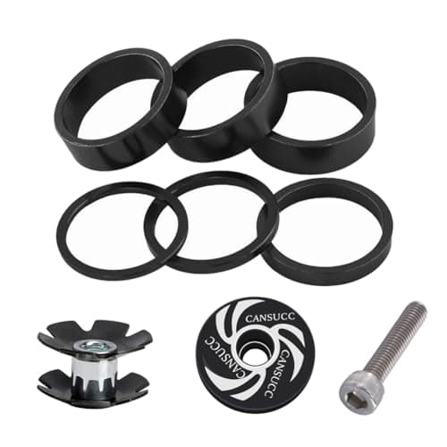 Image of Saipor 9PCS Aluminium Alloy Bicycle Headset Spacer 1-1/8 inch Bicycle Front Fork Stem Spacers Kit 2mm, 3mm, 5mm, 10mm with Stem Top Cap, Long Bolt, Headset Star Nut for MTB BMX Road Bike (Black)