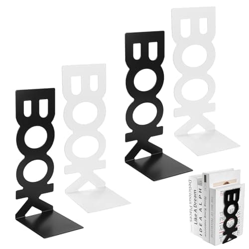 Image of 4 Pcs/2 Pairs Book Ends for Shelves Quirky Letter Design, Decorative Metal Bookends for Shelves, White Black Book Holder for Shelf SupportsBook Stoppers for Shelves Office Library Bookshelf Decor