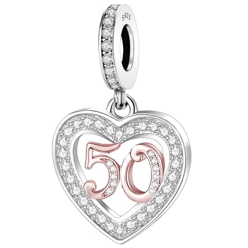 Image of 925 Sterling Silver Charm 50th Birthday Heart Flower Bead Number 50 Jewellery Love Gift