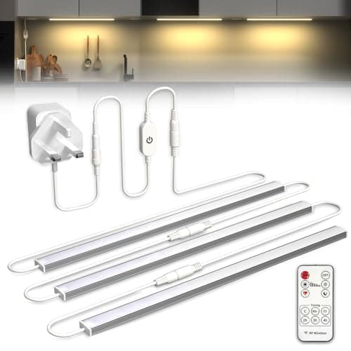 Image of Bonlux Under Cupboard Kitchen Lights, Linkable Under Cabinet Kitchen Light Mains DC 12V Warm White 3000K, Dimmable Under Counter Lights with Remote and UK Plug for Cupboard Cabinet(3x12IN)