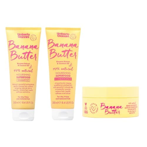 Image of Umberto Giannini Banana Butter Nourishing Superfood Shampoo, Conditioner & Styling Cream Set, Vegan & Cruelty Free Moisturising Formula for Coily, Dry, Textured or Frizzy Hair