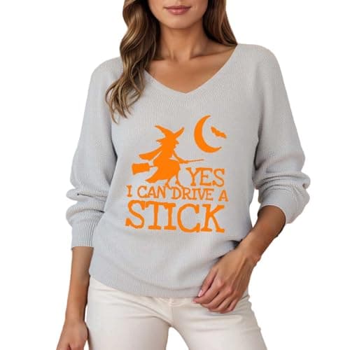 Image of I Can Drive A Stick Print Long Sleeve Halloween Witch Sweatshirt, Light grey, S