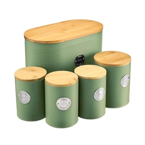 Image of Cooks Professional 5 Piece Ribbed Tea Coffee Sugar Bread & Biscuit Cannisters with Air-Tight Bamboo Lids | Stainless Steel Kitchen Storage Bin Set | Modern & Stylish | Green & Silver