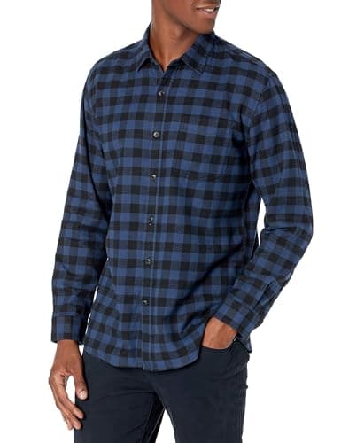 Image of Amazon Essentials Men's Long-Sleeved Flannel Shirt, Black Blue Buffalo Plaid, M