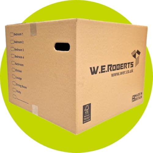 Image of W.E. Roberts 5 Strong Extra Large Cardboard moving Boxes. Packing boxes for moving house with Printed Room List and Carry Handles 52cm x 52cm x 40cm cardboard Boxes