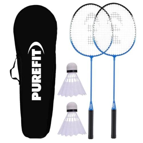 Image of PUREFIT Badminton Set 2 Player with 2x Rackets, 2x Shuttlecocks & 1x Carry Bag - Tempered Steel Racquets Set - Outdoor Garden Beach Sports Set - Lightweight & Durable Portable Badminton Rackets