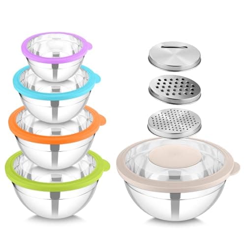 Image of HaWare Mixing Bowls with Lids Set, 5PCS Stainless Steel Nesting Bowls for Kitchen, 3 Graters Attachments, Clear Lids, Airtight for Food Prep, Baking, Storage (4.6/2.8/1.6/1.2/0.7 L, Colourful)