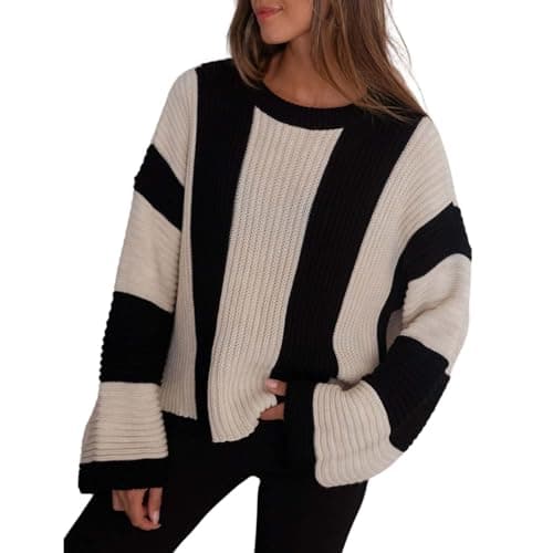 Image of Womens Lightweight Sweaters Oversized Knit Tops Womens Striped Bell Sleeve Pullover Sweater Loose Color Block Crew Neck Vertical Knitwear Midshipman Sweatshirts for Men (Black, S)