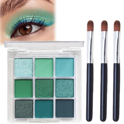 Image of Shimmer & Glitter Eye Shadow Palette - Highly Pigmented Green Eyeshadows, 3 Brushes Included