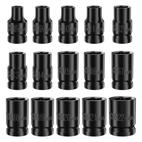 Image of Lytool 15 Pieces 1/2-Inch Drive Shallow Impact Socket Set, 8mm to 22mm, CR-V, Metric, 6-Point Design