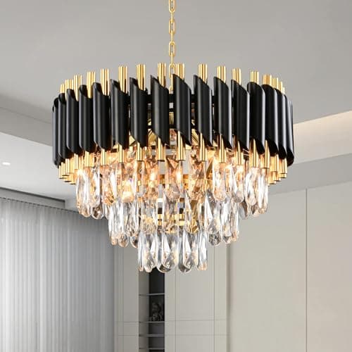 Image of AHXIAOZN Modern Crystal Black Chandelier, 3-Tier Crystal Chandelier Light Fixture, Round Pendant Light, Raindrop Flush Mount Ceiling Light for Bedroom Living Room, E14x5 Bulb Ø40cm