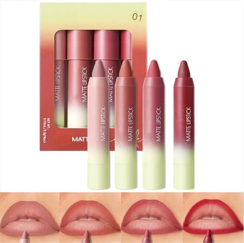 Image of FORSEEKUP 4Pcs All-in-One Lip Liner & Lipstick, Matte Long Lasting Lip Pencil, Waterproof Smudge Proof Lip Crayon, High Pigment Velvet Lip Makeup Kit for Women, Perfect for Daily and Party Makeup(01#)