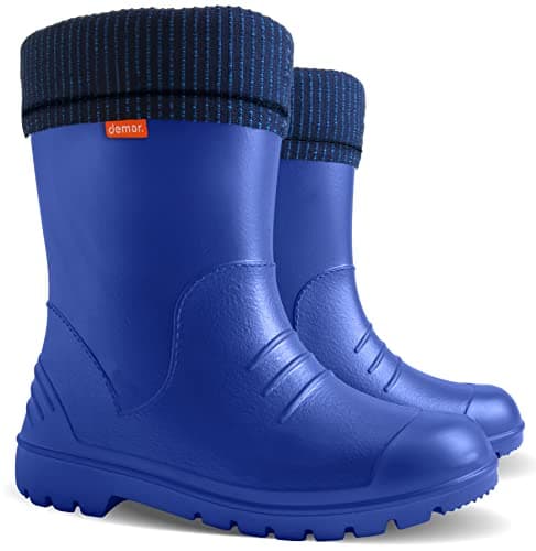 Image of Demar Ultralight Boys Girls Kids Warm Lined Rain Boots Wellington Boots Wellies Dino (7-8 UK / 24-25 EU - 153 mm, Blue), 7 UK Child