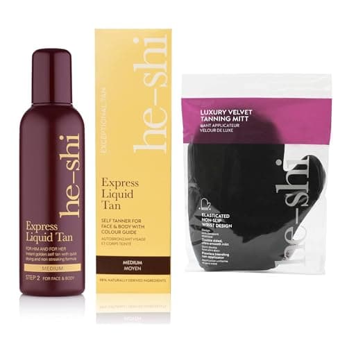 Image of He-Shi Express Liquid Tan & Luxury Velvet Tanning Mitt Bundle | Self Tan Set | Medium Bronzing Glow | Vegan & Cruelty Free