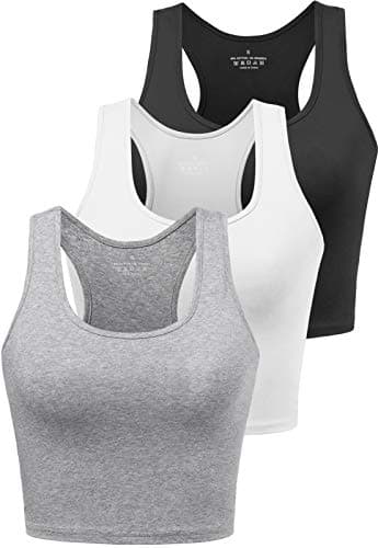 Image of BryticFlow Women's Crop Vest Top 3 Pack Cotton Gym Tops for Yoga Running Shirts Racerback Sleeveless Workout Tank Cropped Ladies Tops Black/White/Grey M