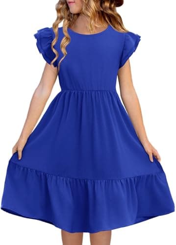 Image of Haloumoning Girls' Dresses Round Neck Plain Summer Dress Ruffle Sleeves A-line Princess Dress Casual Elegant Wedding Birthday Casual Dress Royal Blue 13-14 yesrs
