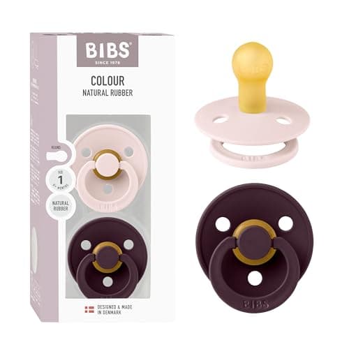 Image of BIBS Colour Soother 2-Pack, BPA Free Dummy Pacifier, Round Nipple. Natural Rubber Latex, Made in Denmark, Size 1 (0-6 Months) - Petal/Plum