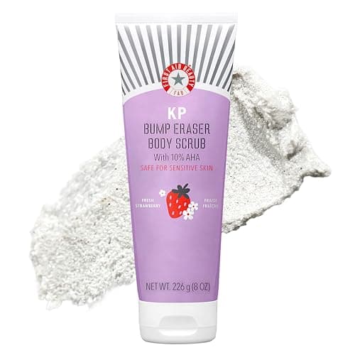 Image of First Aid Beauty - KP Bump Eraser Body Scrub with 10% AHA, Keratosis Pilaris Exfoliater with Glycolic and Lactic acids, Helps Reduce Chicken Skin Bumps, Safe for Sensitive Skin, Strawberry Scent, 226g