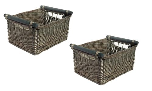 Image of Set Of 2 Kitchen Log Fireplace Wicker Storage Basket With Handles Xmas Empty Hamper Basket [Oak,Set Of 2 Large 45X35X20Cm]