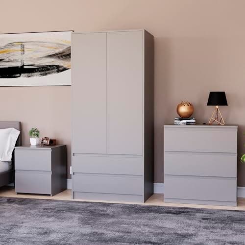 Image of Vida Designs Denver Bedroom Furniture Set (Grey, 3pc-3 DWR Chest+2 Dr Wardrobe+2 DWR Bedside Table)
